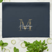 Elegant Script Metallic Navy Blue Gold Monogram Theedoek (Gevouwen)