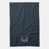 Elegant Script Metallic Navy Blue Gold Monogram Theedoek (Verticaal)