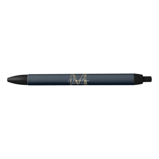 Elegant Script Metallic Navy Blue Gold Monogram Zwarte Inkt Pen (Voorkant)