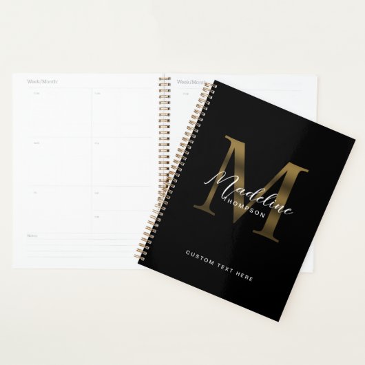Elegant Script Metallic Zwart Goud Monogram Planner (Display)