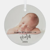 Elegant Script Mijn Eerste Kerst Baby Foto Glas Ornament (Achterkant)