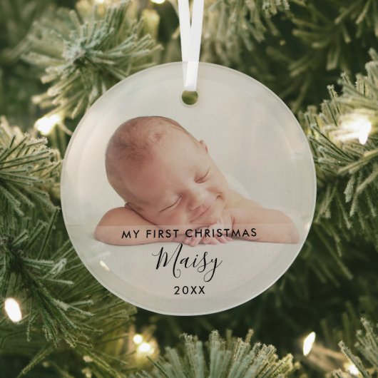 Elegant Script Mijn Eerste Kerst Baby Foto Glas Ornament (Insitu)