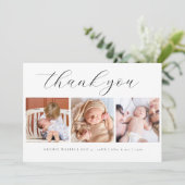 Elegant Script minimalist 3 foto nieuwe baby Bedankkaart (Staand voorkant)
