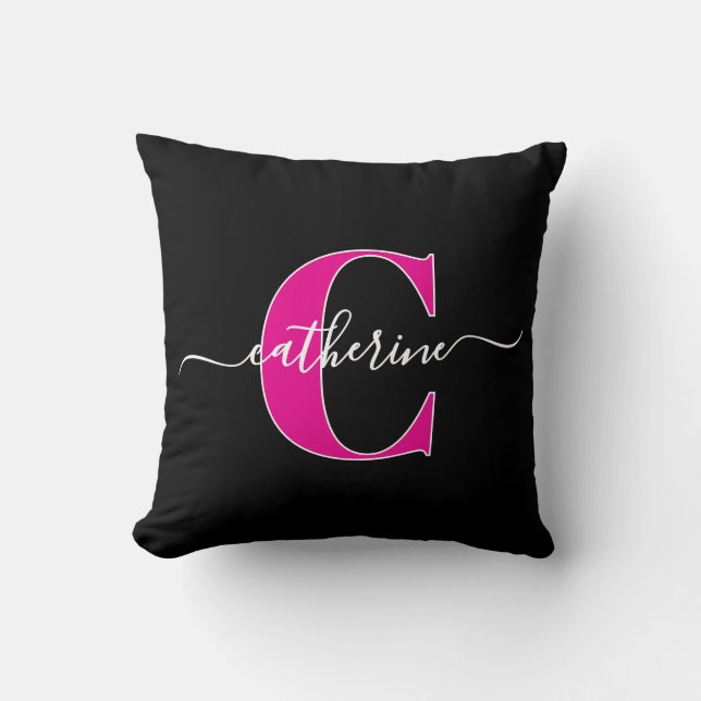 Elegant Script Minimalist Black Pink Monogram Name Kussen (Voorkant)