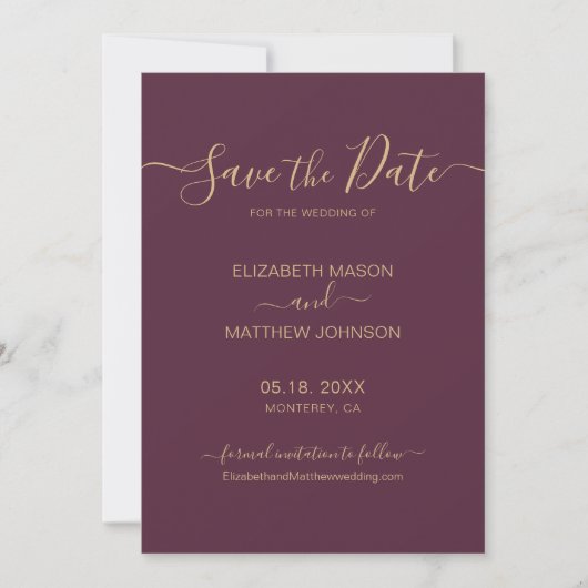 Elegant Script Minimalist Burgundy Gold Wedding Save The Date (Voorkant)