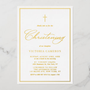 Elegant Script Minimalist Photo Christening Folie Uitnodiging