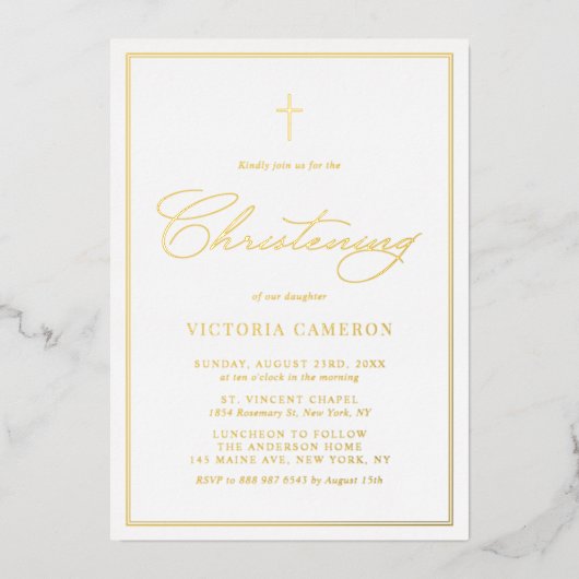 Elegant Script Minimalist Photo Christening Folie Uitnodiging (Voorkant)