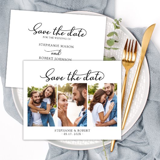Elegant Script minimalistisch 3 foto collage bruil Save The Date