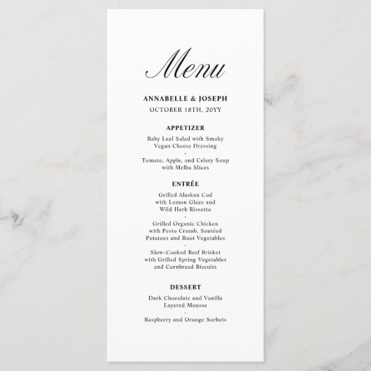 Elegant Script minimalistisch formeel wit bruiloft Menu (Voorkant)