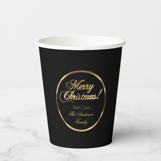 Elegant Script Modern Black en Gold Kerstmis Papieren Bekers (Achterkant)