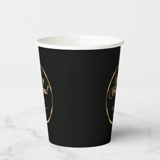 Elegant Script Modern Black en Gold Kerstmis Papieren Bekers (Links)