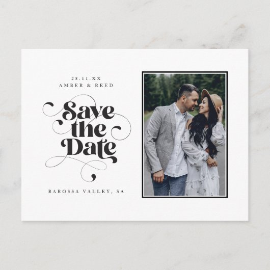 Elegant Script Modern Black White Art Design Foto Aankondigingskaart (Voorkant)