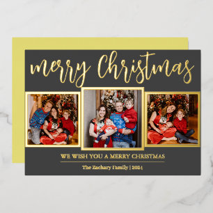 Elegant Script Modern Christmas Family 3 Foto Folie Feestdagenkaart