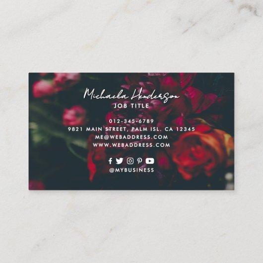 Elegant Script Modern Dark & Moody Flowers Visitekaartje (Achterkant)