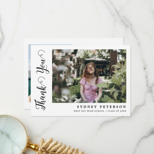 Elegant Script Modern Simple 2 Photo Afstuderen Bedankkaart (Voorkant / Achterkant in situ)