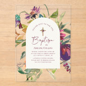 Elegant script Moderne Bourgondische bloemendoop Acryl Uitnodigingen (Voorkant)