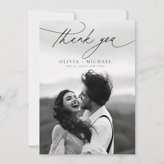 Elegant Script Moderne foto bruiloft dank u kaart (Voorkant)