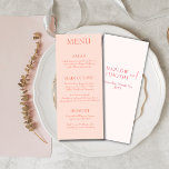 Élégant Script moderne Pink Blush mariage Menu<br><div class="desc">Célébrez votre journée spéciale avec une touche d'élégance et un soupçon de romantisme grâce à notre menu plat Mariage rose pâle. Conçu avec une attention minutieuse aux détails, ce menu ajoute une touche de sophistication à votre réception de mariage. La teinte rose pâle et douce crée une ambiance charmante et...</div>