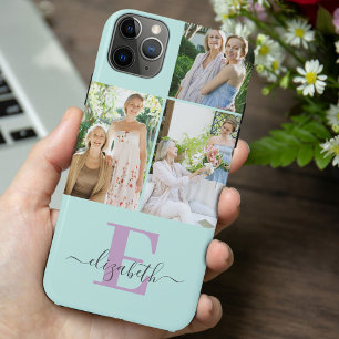 Elegant Script Monogram 3 Photo Mint en Lila iPhone 11 Pro Max Hoesje