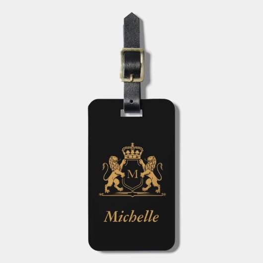 Elegant script Monogram Aangepaste Luxe Zwart Goud Bagagelabel (Voorkant verticaal)
