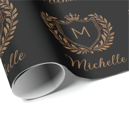 Elegant script Monogram Aangepaste Luxe Zwart Goud Cadeaupapier (Rol Hoek)