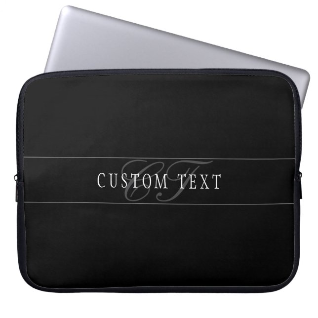 Elegant Script Monogram Bewerkbaar Zwart Grijs Wit Laptop Sleeve (Voorkant)
