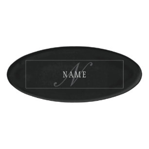 Elegant Script Monogram Bewerkbaar Zwart Grijs Wit Naambadge