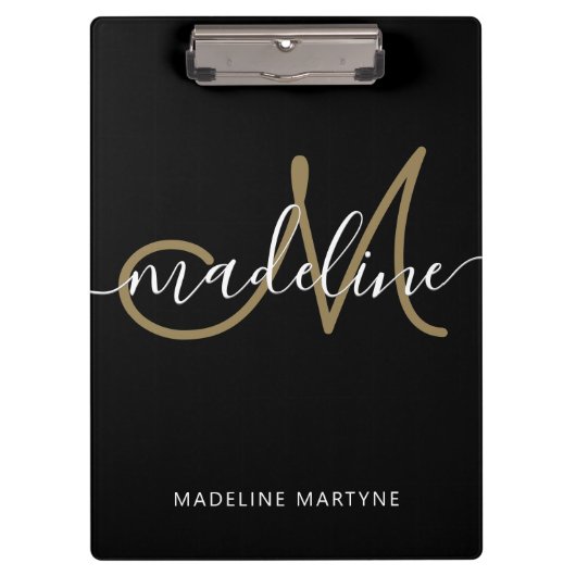 Elegant Script Monogram Black Gold Klembord (Voorkant)