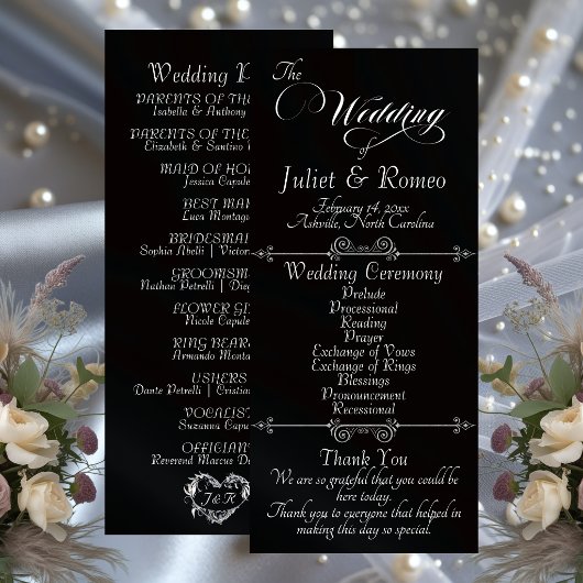 Elegant Script & Monogram - Black Wedding Programma