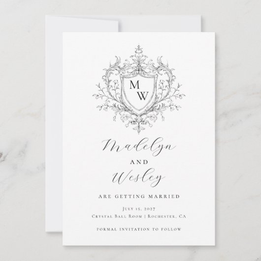 Elegant script monogram crest  save the date (Voorkant)