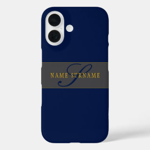 Elegant Script Monogram Donker Navy Blauw Grijs &  iPhone 16 Hoesje