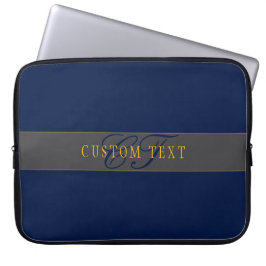 Elegant Script Monogram Donker Navy Blauw Grijs &  Laptop Sleeve