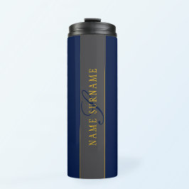 Elegant Script Monogram Donker Navy Blauw Grijs &  Thermosbeker