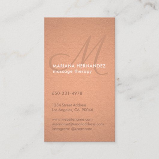 Elegant Script Monogram Faux Copper Folie Verticaa Afsprakenkaartje (Voorkant)