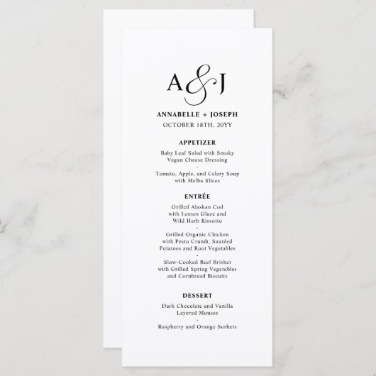 Elegant Script Monogram Formele Witte Bruiloft Menu (Voorkant / Achterkant)