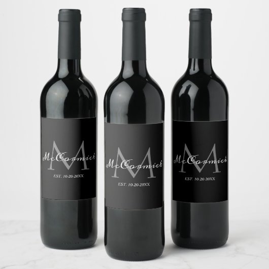 Elegant Script Monogram Gepersonaliseerd zwart wit Wijn Etiket (Flessen)