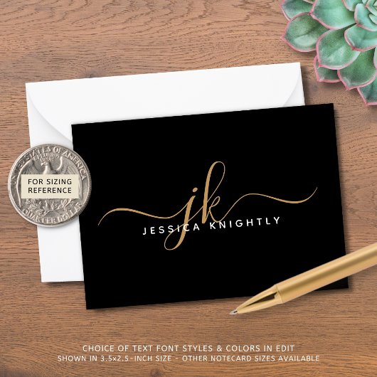 Elegant Script Monogram Initiaal Naam Black Gold Notitiekaartje