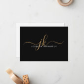 Elegant Script Monogram Initiaal Naam Black Gold Notitiekaartje (Voorkant / Achterkant in situ)