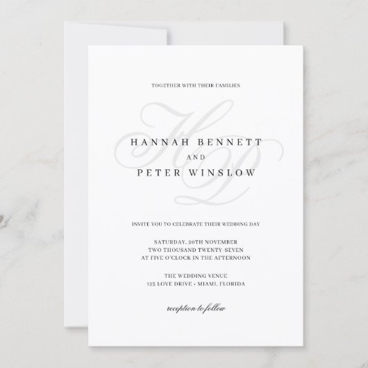 Elegant Script Monogram Initialen White Wedding Kaart (Voorkant)