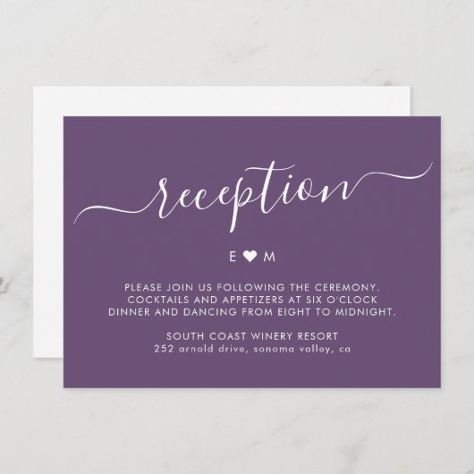 Elegant Script Monogram Paarse bruiloft receptie Informatiekaartje (Voorkant / Achterkant)