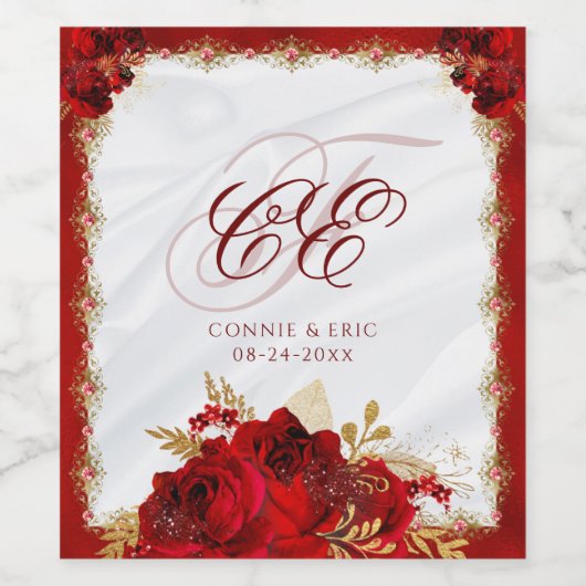 Elegant Script Monogram Rood Bloemen Bruiloft Wijn Etiket (Enkel label)