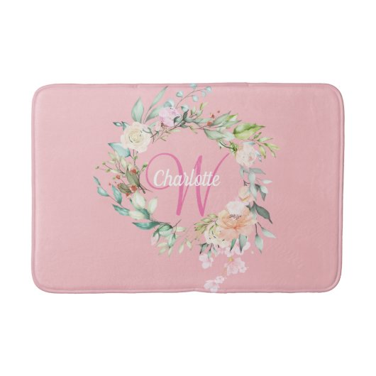 Elegant Script Monogram Rozen Floral Girly Pink Badmat (Voorkant)