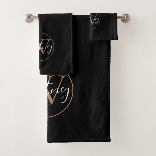Elegant Script Monogram Zwart en Goud Bad Handdoek (Insitu)