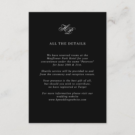 Elegant Script Monogram Zwart Trouwdetails Informatiekaartje (Voorkant)