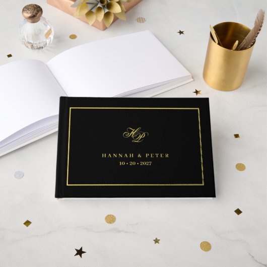 Élégant script Monogramme minimum Mariage noir (Recto ouvert)