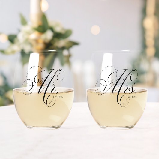 Elegant script "Mr en Mrs" gepersonaliseerd Wijnglas Zonder Voet (Insitu (Huwelijk))