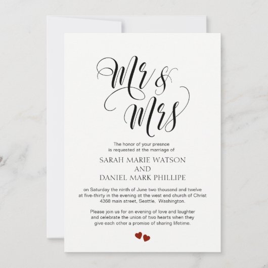 Élégant Script Mr & Mrs Mariage Invitation de typo (Devant)