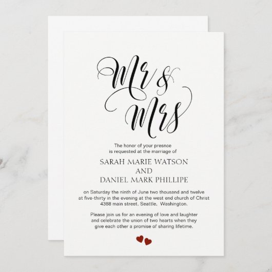 Élégant Script Mr & Mrs Mariage Invitation de typo (Devant / Derrière)