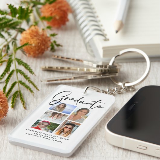 Elegant Script Multi Photo Afstuderen Afstuderen Sleutelhanger (Voorkant Rechts)