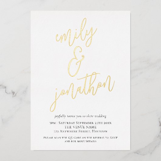 Elegant Script Names QR Code Weddenschap Echte Fol Folie Uitnodiging (Voorkant)